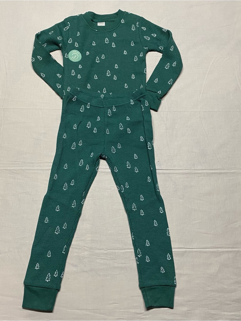 Green Kids Thermal Pajama Set with Tree Print organic